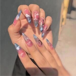 STILETTO CELESTIAL SUNSET Extra Long Press on Nails kit glue moon stars gold